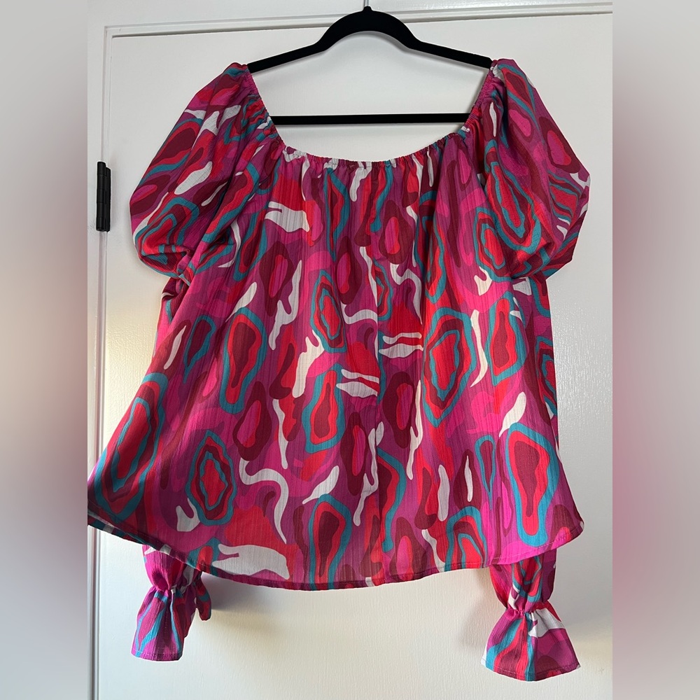 Fantastic Fawn Gathered Puff Sleeve Multi Color Blouse Pink White Teal Medium - Picture 10 of 10